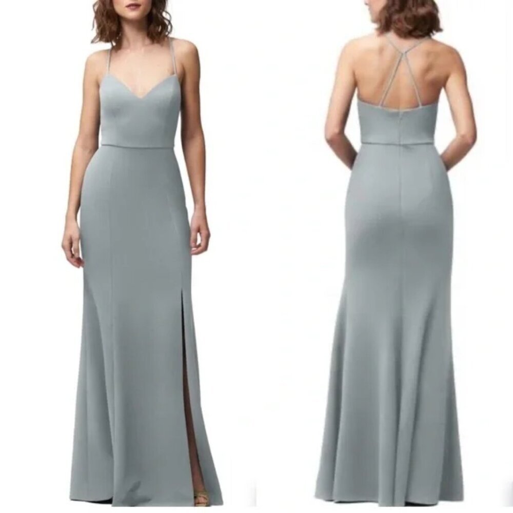 NWT Jenny Yoo‎ Reese Dress Mayan Blue Crepe Knit BHLDN Gown Size 10 Side Slit